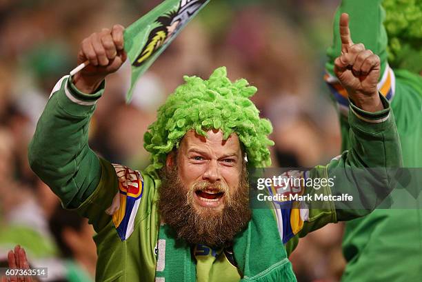Raiders fan shows his support during the second NRL Semi Final match between the Canberra Raiders and the Penrith Panthers at GIO Stadium on...