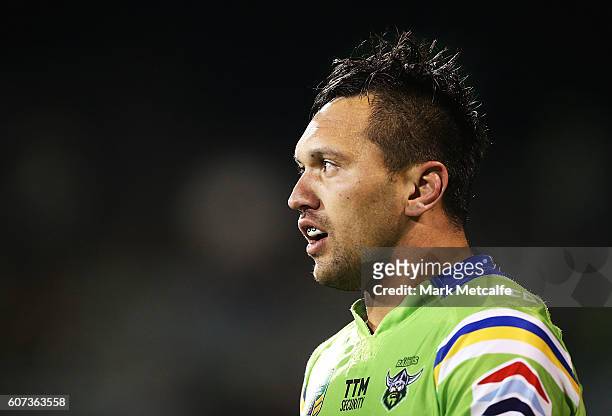 Jordan Rapana of the Raiders looks on during the second NRL Semi Final match between the Canberra Raiders and the Penrith Panthers at GIO Stadium on...