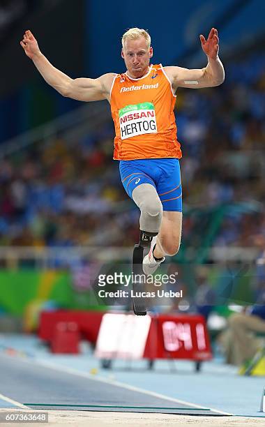 Ronald Hertog of the Netherlands competes at the Men's Long Jump - T44 Final during day 10 of the Rio 2016 Paralympic Games at the Olympic Stadium on...