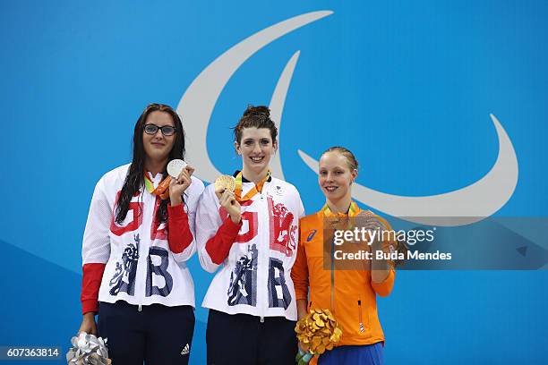Silver medalist Jessica-Jane Applegate of Great Britain, Gold medalist Bethany Firth of Great Britain and Bronze medalist Marlou van der Kulk of the...
