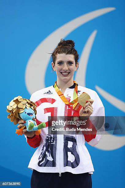 Gold medalist Bethany Firth of Great Britain celebrates on the podium at the medal ceremony for Women's 200m Individual Medley - SM14 Final on day 10...
