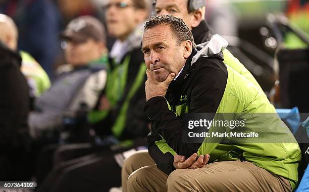 Raiders head coach Ricky Stuart looks on during the second NRL Semi Final match between the Canberra Raiders and the Penrith Panthers at GIO Stadium...