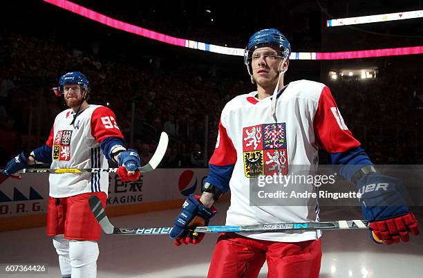 David Pastrnak of Team Czech Republic lines up on the blue line prior to the game against Team Canada during the World Cup of Hockey 2016 at Air...