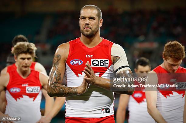 Lance Franklin of the Swans looks on during the 2016 AFL First Semi Final match between the Sydney Swans and the Adelaide Crows at the Sydney Cricket...
