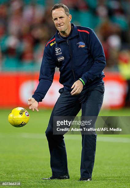 Don Pyke, Senior Coach of the Crows warms up during the 2016 AFL First Semi Final match between the Sydney Swans and the Adelaide Crows at the Sydney...
