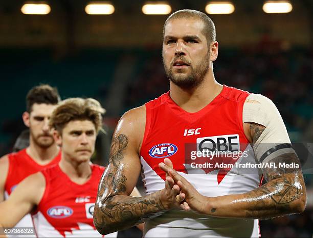 Lance Franklin of the Swans looks on during the 2016 AFL First Semi Final match between the Sydney Swans and the Adelaide Crows at the Sydney Cricket...