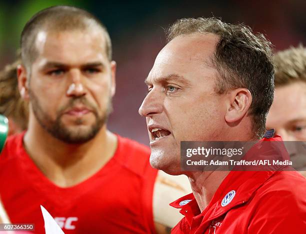 John Longmire, Senior Coach of the Swans addresses his players during the 2016 AFL First Semi Final match between the Sydney Swans and the Adelaide...