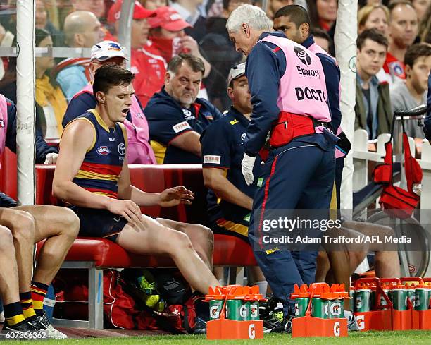 Jake Lever of the Crows is seen injured during the 2016 AFL First Semi Final match between the Sydney Swans and the Adelaide Crows at the Sydney...