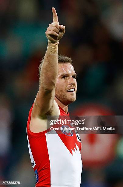 Ben McGlynn of the Swans celebrates a goal during the 2016 AFL First Semi Final match between the Sydney Swans and the Adelaide Crows at the Sydney...