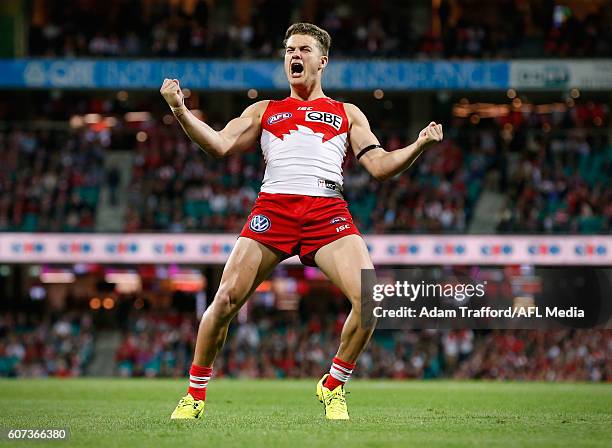 Tom Papley of the Swans celebrates a goal during the 2016 AFL First Semi Final match between the Sydney Swans and the Adelaide Crows at the Sydney...