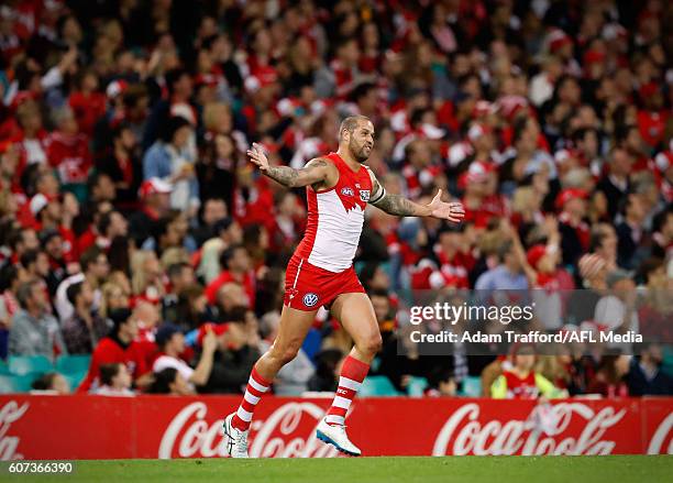 Lance Franklin of the Swans celebrates a goal during the 2016 AFL First Semi Final match between the Sydney Swans and the Adelaide Crows at the...