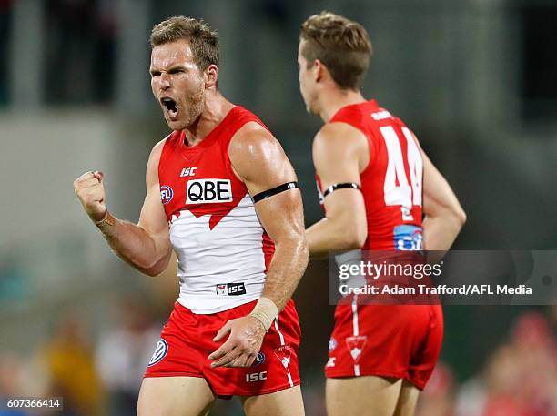 Ben McGlynn of the Swans celebrates a goal with Jake Lloyd of the Swans during the 2016 AFL First Semi Final match between the Sydney Swans and the...