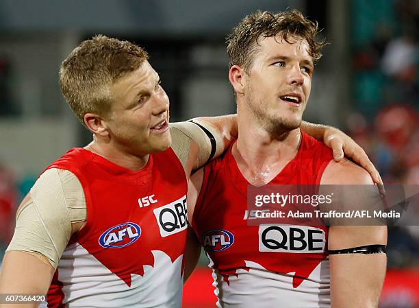 Dan Hannebery of the Swans celebrates with Luke Parker of the Swans during the 2016 AFL First Semi Final match between the Sydney Swans and the...