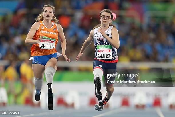 Marlou van Rhijn of the Netherlands and Sophie Kamlish of Great Britain compete at the Women's 100m - T44 Final during day 10 of the Rio 2016...