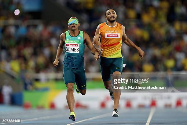 Felipe Gomes of Brazil competes at the Men's 400m - T11 Final during day 10 of the Rio 2016 Paralympic Games at the Olympic Stadium on September 17,...