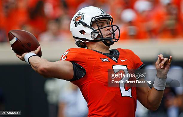 Quarterback Mason Rudolph of the Oklahoma State Cowboys looks to throw against the Pittsburgh Panthers September 17, 2016 at Boone Pickens Stadium in...