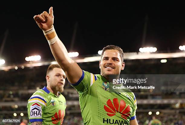 Aiden Sezer of the Raiders celebrates victory in the second NRL Semi Final match between the Canberra Raiders and the Penrith Panthers at GIO Stadium...