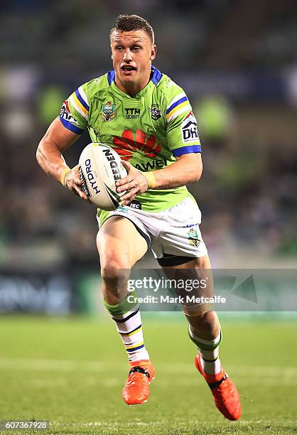 Jack Wighton of the Raiders in action during the second NRL Semi Final match between the Canberra Raiders and the Penrith Panthers at GIO Stadium on...