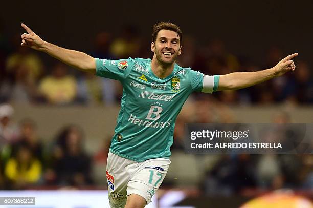Mauro Boselli of Leon celebrates his goal against America during their Mexican Clausura tournament football match in Mexico City on September 17,...