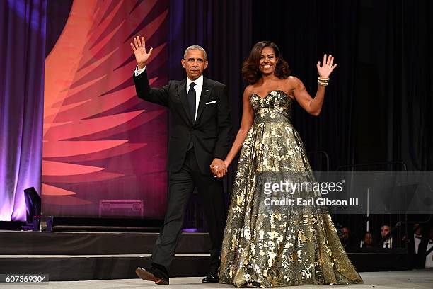 President Barack Obama and Michelle Obama arrive at the Phoenix Awards Dinner at Walter E. Washington Convention Center on September 17, 2016 in...