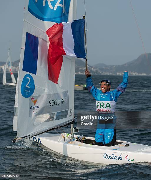 Damien Seguin FRA finishes fourth in the 1-Person Keelboat class. Sailing at Marina da Gloria during the Paralympic Games in Rio de Janeiro, Brazil,...