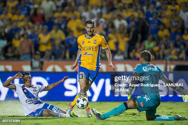 Andre Gignac of Tigres fights for the ball with Patricio Araujo and Cristian Campestrini of Puebla during the 10th round match between Tigres UANL...