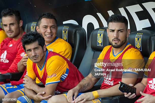 Damian Alvarez and Andy Delort of Tigres are seen prior the 10th round match between Tigres UANL and Puebla as part of Torneo Apertura 2016 at...