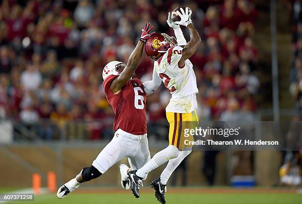 Adoree' Jackson of the USC Trojans intercepts a pass intended for Francis Owusu of the Stanford Cardinal during the second half of their NCAA...