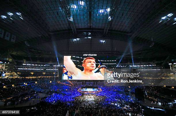 Canelo Alvarez enters the ring before fighting with Liam Smith in the WBO Junior Middleweight World fight at AT&T Stadium on September 17, 2016 in...