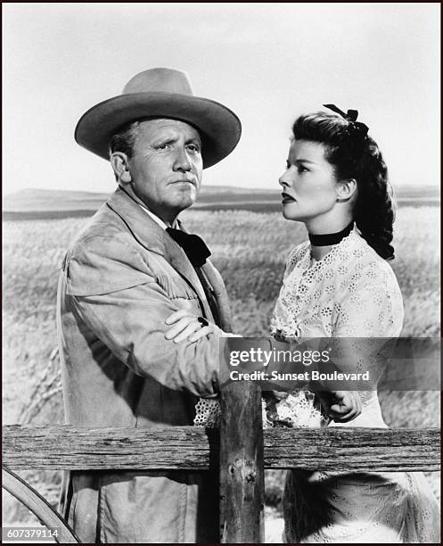 American actors Spencer Tracy and Katharine Hepburn on the set of The Sea of Grass, directed by Elia Kazan.