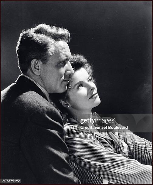 Spencer Tracy and Katharine Hepburn on the film set of 'Without Love' by Harold S. Bucquet.