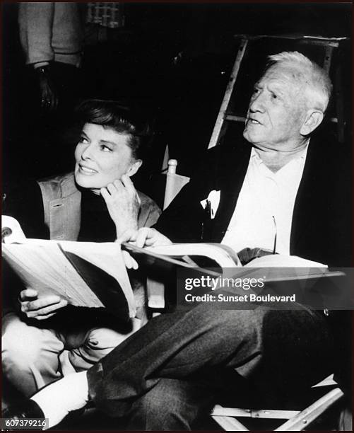Katharine Hepburn and Spencer Tracy on the film set of 'Guess Who's Coming to Dinner', by Stanley Kramer.