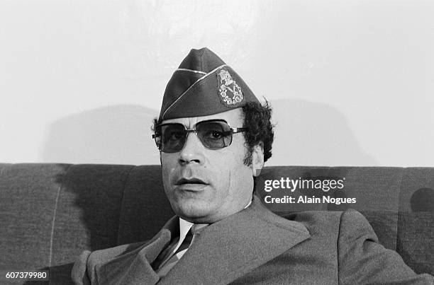 Muammar al-Qaddafi of Libya joins Arab political leaders from Algeria, Syria, the Palestine Liberation Organization and South Yemen in Tripoli during...