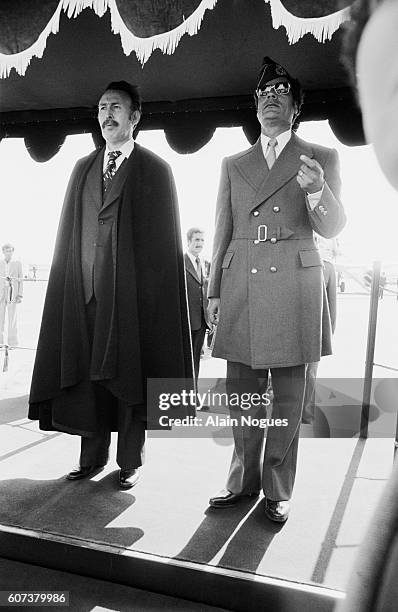 Algerian President Houari Boumedienne with Muammar al-Qaddafi in Tripoli during a summit for the creation of the "Firmness Front" which included Arab...