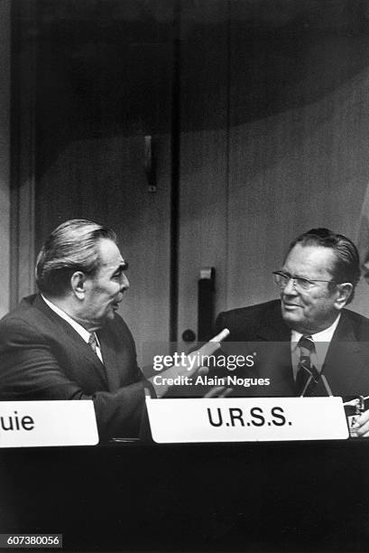 Leonid Brezhnev, Premier of the USSR, and Josip Tito, Premier of Yugoslavia, debate during the CSCE conference on security and cooperation's...