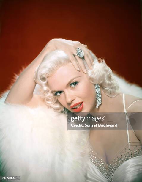 American actress Jayne Mansfield on the set of The Girl Can't Help It , directed by Frank Tashlin.