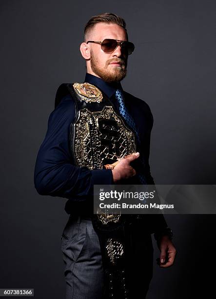 Interim featherweight champion Conor McGregor poses for a portrait backstage during the UFC's Go Big launch event inside MGM Grand Garden Arena on...