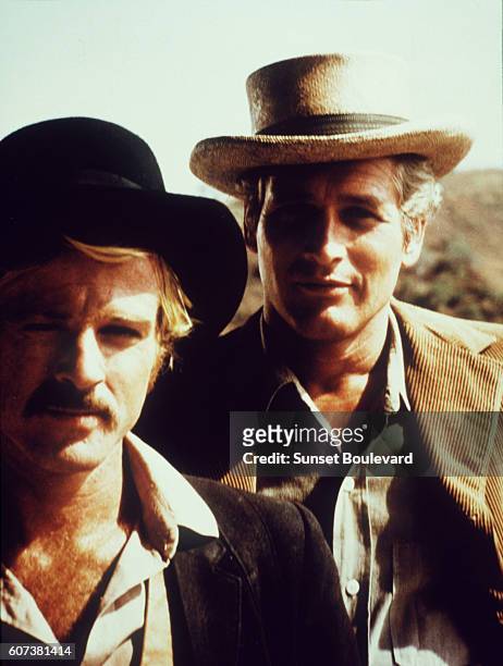 American actors Robert Redford and Paul Newman on the set of Butch Cassidy and the Sundance Kid, directed by George Roy Hill.