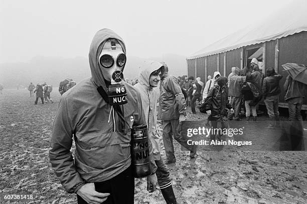 Demonstrator wears a gas mask at an anti-nuclear protest in La Hague. The event, which was scheduled to last for three days, ended early due to bad...