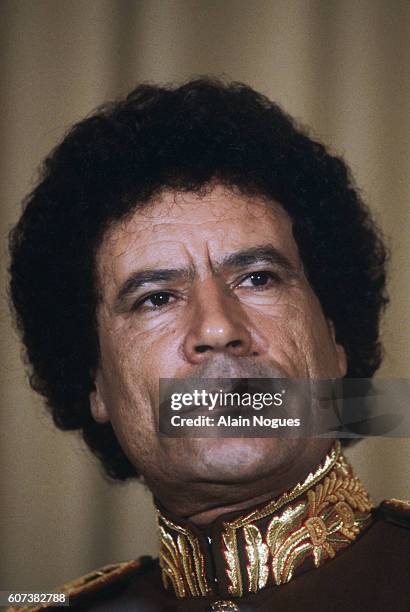 Lybian leader Col. Muammar al-Qadhafi in 1983. Qadhafi was visiting the former prime minister of Tunisia M'Zhali, at M'Zhali's home in Al Munastir. |...