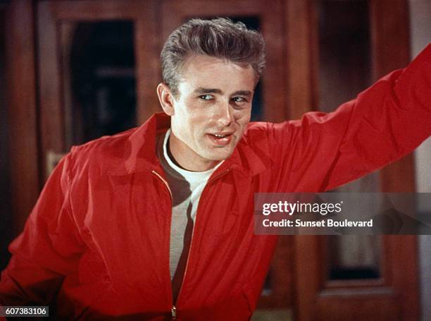 American actor James Dean on the set of Rebel Without a Cause, directed by Nicholas Ray.