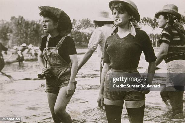 Italian actress Silvana Mangano on the set of Riso Amaro , written and directed by Giuseppe De Santis.