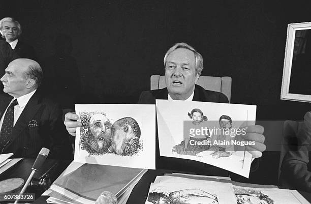 Press Conference of Jean-Marie Le Pen and Gustave Pordea, during which, J.M. Le Pen presented photographs of the atrocities committed in Algeria by...