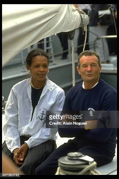 Famed French sailor Eric Tabarly retires from the French Naval School today. The ceremony is attended by his wife, Jacqueline. | Location: Lanveoc...