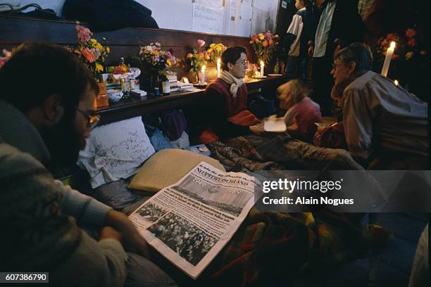 Protesters occupy the Church of Gehtsemane in East Berlin and undertake a fast during celebrations for the 40th Anniversary of the German Democratic...