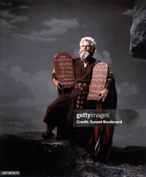 American actor Charlton Heston on the set of The Ten Commandments, directed by Cecil B. DeMille.