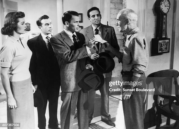 Nancy Gates, Paul Frees, Frank Sinatra, Christopher Dark and James Gleason on the set of "Suddenly" , directed by Lewis Allen.