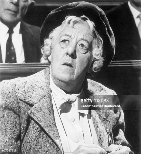 British actress Margaret Rutherford on the movie set of "Murder Most Foul" , directed by George Pollock.