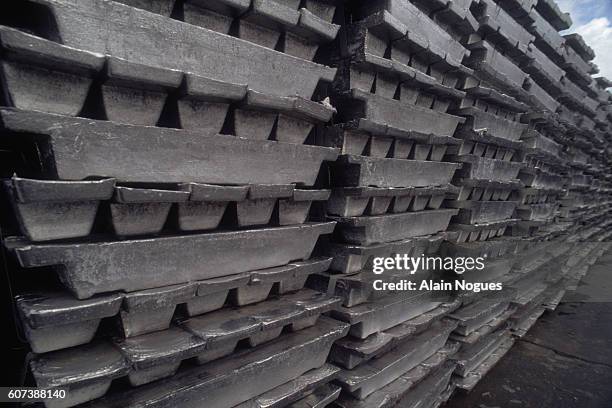 Lead bricks made from old car batteries are stacked at the Metaleurop recycling center in Villefranche-sur-Saone, France. Metaleurop is a European...