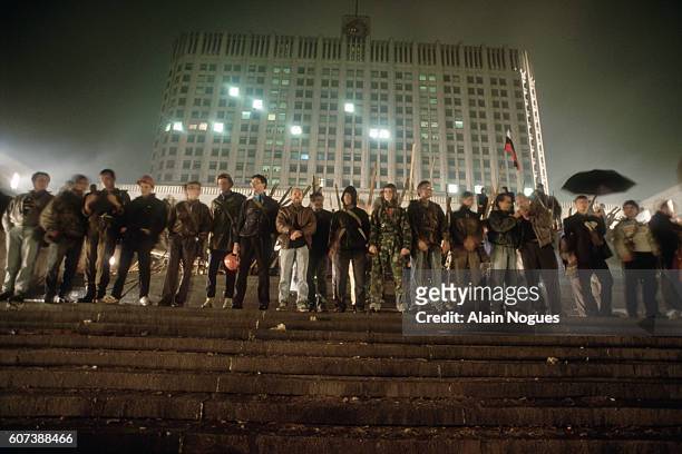 Demonstrators gather on the steps of the Russian White House during a 1991 coup attempt in Moscow. The State Committee for the State of Emergency, a...